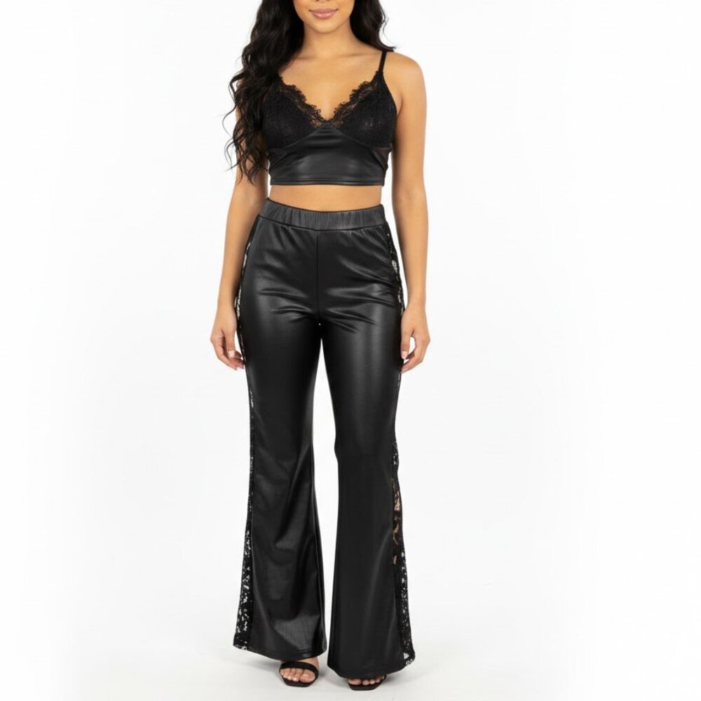 ChicMe Cotton Blend Faux Leather Lace 2 Piece Pants Set Top Wide Leg Black Small